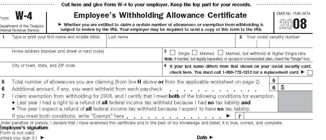Federal W-4 form (partial)