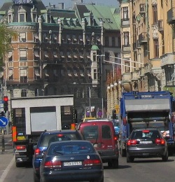 Traffic congestion on a street in Stockholm, Sweden