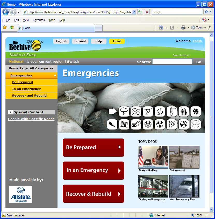 Screenshot: The Beehive's Ermergency Information homepage