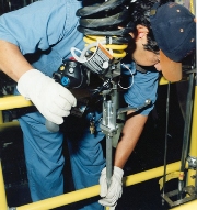 Hanford Weapons Site, Washington state: Nuclear operator works above underwater fuel handling table to clean fuel